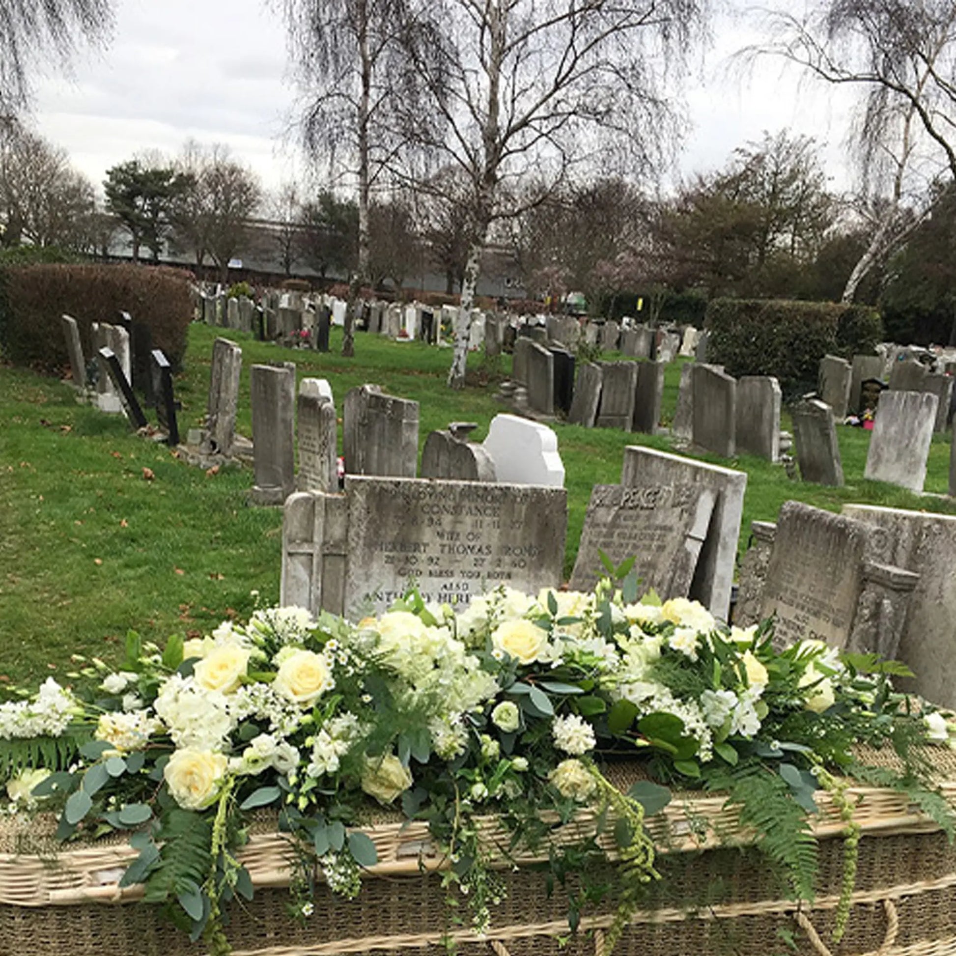 A wicker coffin with a ReCreation Flowers Casket Spray Funeral Flowers in white and yellow rests before a headstone in the cemetery, surrounded by gravestones and green grass under a cloudy sky.