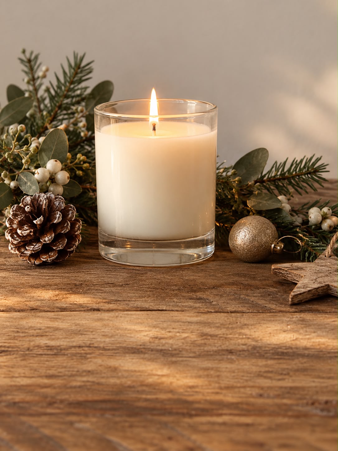 A lit white candle in a glass sits on a wooden table, surrounded by pine branches, a pinecone, white berries, a gold ornament, and a wooden star—creating a cozy, festive scene inspired by the Christmas Workshop @ GAS from ReCreation Flowers.