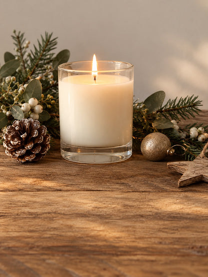 A lit white candle in a glass sits on a wooden table, surrounded by pine branches, a pinecone, white berries, a gold ornament, and a wooden star—creating a cozy, festive scene inspired by the Christmas Workshop @ GAS from ReCreation Flowers.