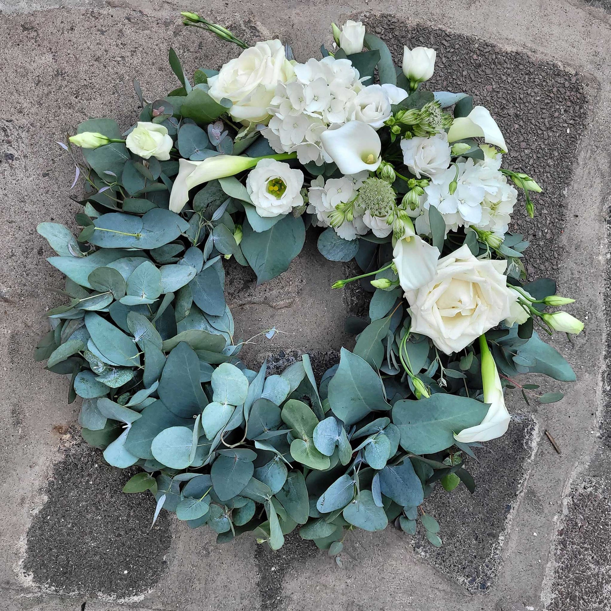 The Funeral Flower Wreath by ReCreation Flowers features white roses, calla lilies, and silver-green eucalyptus leaves—a timeless floral tribute resting elegantly, perfect for funeral arrangements.