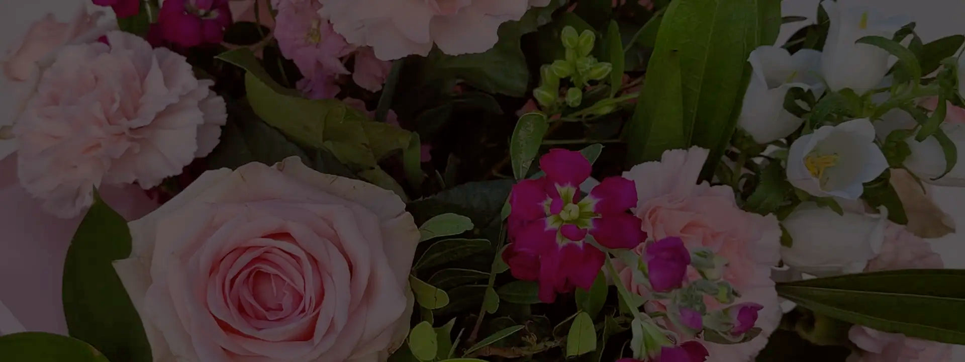 A close-up of a floral arrangement featuring light pink roses, pale pink carnations, white flowers, and small magenta blooms, surrounded by green leaves.